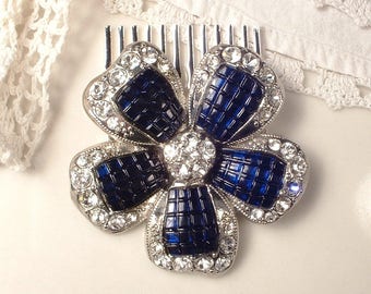 Navy Blue Wedding Dress Sash Brooch/Hair Comb Sapphire Rhinestone Vintage Bridal Accessory 1920s Silver Headpiece Hairpiece Something Blue