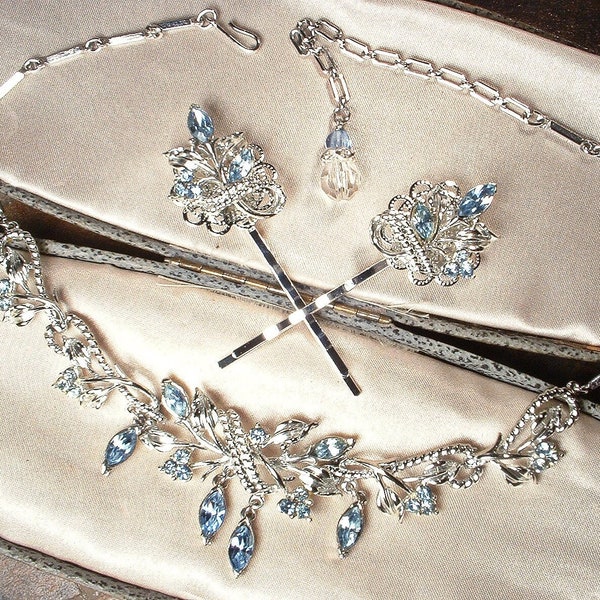 PRISTINE Vintage CORO Light Blue Rhinestone Necklace/Hair Pin SET, 1950s Modern Art Deco Silver Leaf Something Old Dusty Ice Bridal Wedding