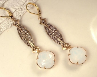 1920s OPAL Antique Gold Art Nouveau/Deco Rhinestone Vintage Earrings Long Dangle White Pinfire Bridal Statement Drop Gatsby Downton Abbey