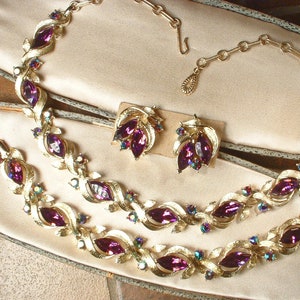 PRiSTiNe 1950s Purple Rhinestone Gold Leaf Necklace/Bracelet/Earring Set, Vintage Old Hollywood Glam Wedding Bridal Choker Designer LISNER