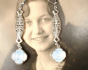 Art Nouveau/Deco Opal Earrings 1920s White Opal Rhinestone Long Dangle Earrings Antique Silver Vintage Bridal Statement Drop Gatsby Flapper