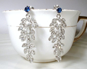 Art Deco Sapphire Earrings, Rhinestone Leaf Navy Blue Bridal Dangle Earrings Silver Drop Flapper Earrings 1920s Gatsby Vintage Wedding Long