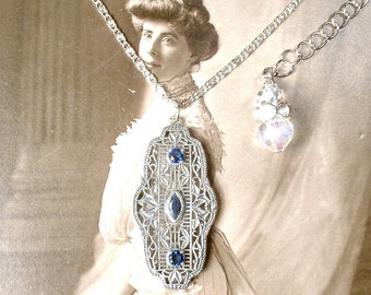 Edwardian Sapphire Rhinestone Pendant Necklace,Art Deco Bridal Flapper STERLING SILVER Filigree Great Gatsby 1920s Vintage Wedding Navy Blue