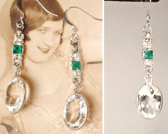 OOAK Vintage Art Deco Cut Crystal Emerald Flapper Earrings, Green Rhinestone Dangle Drop, Sterling Silver Gatsby Bridal 1920s Wedding 1940s