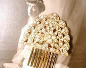 1920s Vintage Art Deco Edwardian Lacy Gold Bridal Hair Comb,Pave Rhinestone Fan Hairpiece Antique 1930s Dress Clip Wedding Headpiece Flapper