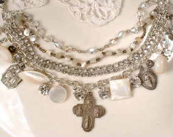 Antique Mother of Pearl Rhinestone Religious Charm Bracelet, OOAK Vintage French Assemblage, Buttons Crucifix,Religious Rosary Medals Bridal Antique Mother of Pearl Rhinestone Religious Charm Bracelet, OOAK Vintage French Assemblage, Buttons Crucifix,Religious Rosary Medals Bridal