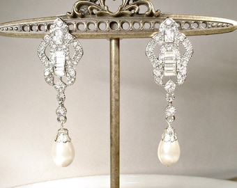 1920s Art Deco Ivory Pearl Bridal Dangle Earrings, Long Silver Rhinestone Vintage Wedding Statement, Edwardian Gatsby Drops Chandelier