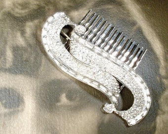 Vintage 1940s Hair Clip/Sash Brooch, Art Deco Rhinestone Bridal 1930s Wedding Headpiece Gatsby Head Piece New Wave Comb Large Hairpiece