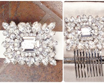 Vintage Old Hollywood GLAM Juliana Rhinestone Bridal HAIR COMB/Wedding Dress Sash Brooch, Crystal Silver Headpiece Something Old Art Deco