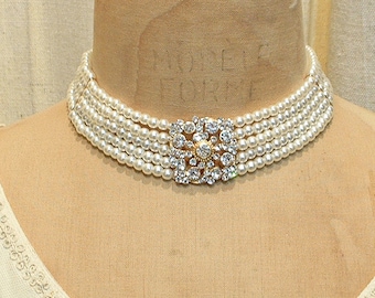 PRISTINE Vintage Art Deco Ivory Pearl Bridal Choker Necklace, Gold Multi Strand Simulated Pearl Crystal Rhinestone 1920s Wedding, Layered