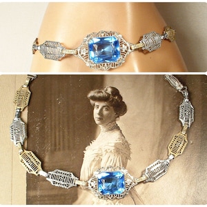 ANTiQue Sapphire Blue Crystal Filigree Bracelet, Art Deco/Edwardian Gold/Silver, 1920s Wedding Bridal Gatsby Vintage Flapper 1930s Camphor