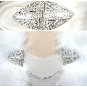 ANTIQUE 1930s Bridal Bolero/Wrap/Shrug Fur Clips, Art Deco Vintage Winter Wedding Pave Crystal Rhinestone Shoe/Sweater Old Hollywood Glam