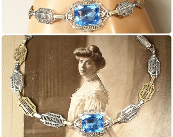 ANTiQue Sapphire Blue Crystal Filigree Bracelet, Art Deco/Edwardian Gold/Silver, 1920s Wedding Bridal Gatsby Vintage Flapper 1930s Camphor