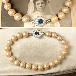 Vintage Sapphire Rhinestone Glass Pearl Bracelet,LARGE Art Deco Single Strand Ivory Silver Navy Something Blue Old,1920s Wedding/Bridal