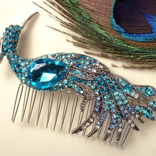 Turquoise Blue Rhinestone Peacock Bridal Hair Comb,Teal Aqua Bird Silver Brooch Large Headpiece Art Deco Jeweled Hairpiece Wedding Accessory