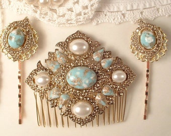 Turquoise Ivory Pearl Gold Bridal Hair Comb & Pins,Vintage 1920s Art Deco Antique Gold Aqua Blue Dress Sash Brooch Headpiece Bobby Stick Pin