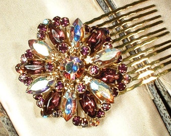 OOAK Vintage Burgundy Purple Bridal Hair Comb OR Dress Sash Brooch, Plum Rhinestone Gold Wedding Headpiece Head Piece 1950s Antique Jewelry