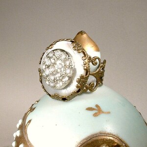 Vintage Button Ring, Art Deco Pave Mother of Pearl & Rhinestone, Adjustable Antique Bronze Filigree 1920s Assemblage
