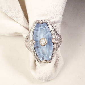 Antique Blue Camphor Glass Ring, 1920s Silver Rhodium Filigree Art Deco/Edwardian Jewelry, 1920s 1930s Gatsby Flapper Size 5 1/2 Little Nemo