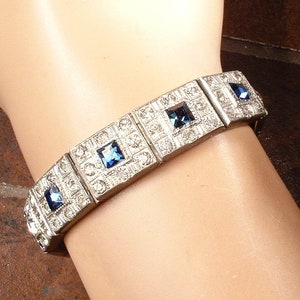 Silver Paste 1920 Vintage Wedding Flapper 1930s Art Deco Red Filigree Pave Wide Link Bridal Antique 1920s Ruby Red Rhinestone Bracelet