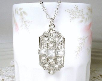 Art Deco Rhinestone Pendant Necklace, Great Gatsby 1920s Rhodium Silver Pave Crystal Bridal Necklace, Vintage Wedding Jewelry 1930s Flapper