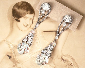 PRISTINE Vintage Cut Crystal & Rhinestone Art Deco Dangle Earrings, Old Hollywood Glam Runway Long Silver Drop Bridal 1950s Wedding Clip On