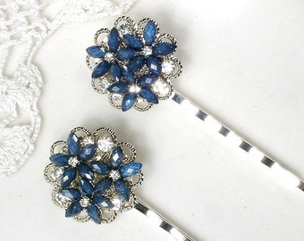 Navy Sapphire Rhinestone Bridal Hair Pins, Silver Something Blue Vintage Flower Bobby Pins Set of 2 Bridesmaids Wedding Gift Clip Jewelry