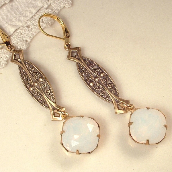 1920s OPAL Antique Gold Art Nouveau/Deco Rhinestone Vintage Earrings Long Dangle White Pinfire Bridal Statement Drop Gatsby Downton Abbey
