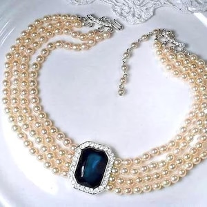PRISTINE Sapphire Vintage Art Deco Rhinestone Pearl Bridal Choker Necklace,Multi Strand Ivory Blue Statement Princess Diana Wedding KJL Gift
