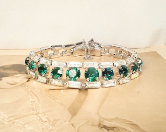 Vintage Art Deco Emerald Rhinestone Bracelet, Green Crystal Baguette Silver Link 1920s Wedding/Bridal Gatsby Flapper Something Old Modern