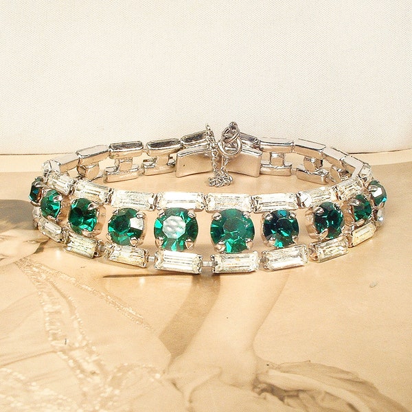 Vintage Art Deco Emerald Rhinestone Bracelet, Green Crystal Baguette Silver Link 1920s Wedding/Bridal Gatsby Flapper Something Old Modern