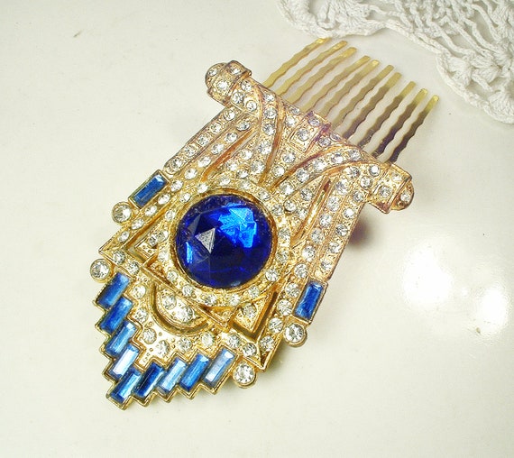 Antique Sapphire Art Deco Hair Comb, Vintage Brid… - image 8