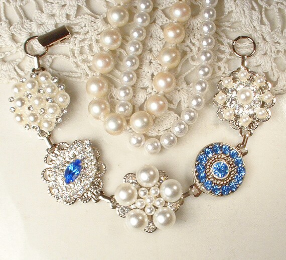OOAK Vintage Earring Bracelet,Sapphire Blue Brida… - image 3