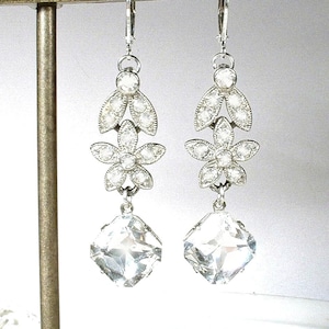 PRISTINE Vintage ORA Art Deco Paste Rhinestone Dangle Earrings, Silver Crystal Flower Drop Bridal Earrings,1920s Wedding Jewelry 1940s 1950s