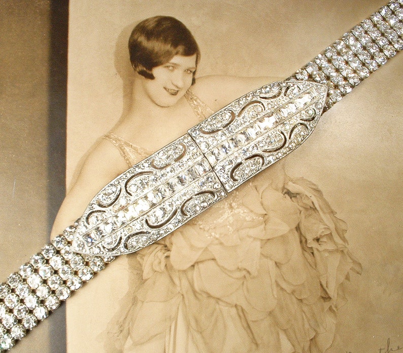 ANTIQUE Art Deco Rhinestone Bridal Belt, Vintage 1930s Wedding Dress Sash,1920s Gatsby Flapper Belt/Buckle, Silver Crystal SIZEABLE image 8