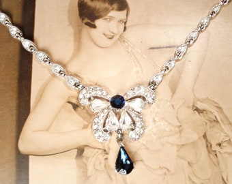 Vintage BOGOFF Sapphire Rhinestone Necklace, Silver Navy Blue Crystal Bridal, 1940s Art Deco Wedding Statement Something Old Hollywood Gift