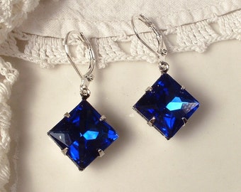 Vintage Art Deco Sapphire Dark Cobalt Blue Rhinestone Square Silver/Gold Dangle Drop Earrings 1920s Flapper Bridal Bridesmaid Gifts 1930s