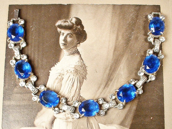 Antique Art Deco Sapphire Blue Crystal Bracelet,S… - image 3