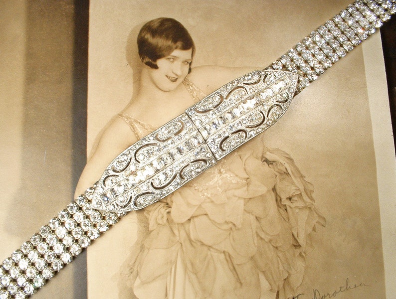 ANTIQUE Art Deco Rhinestone Bridal Belt, Vintage 1930s Wedding Dress Sash,1920s Gatsby Flapper Belt/Buckle, Silver Crystal SIZEABLE image 2