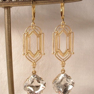 Art Deco Clear Rhinestone Gold Dangle Earrings,Long 1920s Style Bridal, Geometric Flapper Edwardian Gatsby Vintage Wedding Bridesmaid Gift image 5