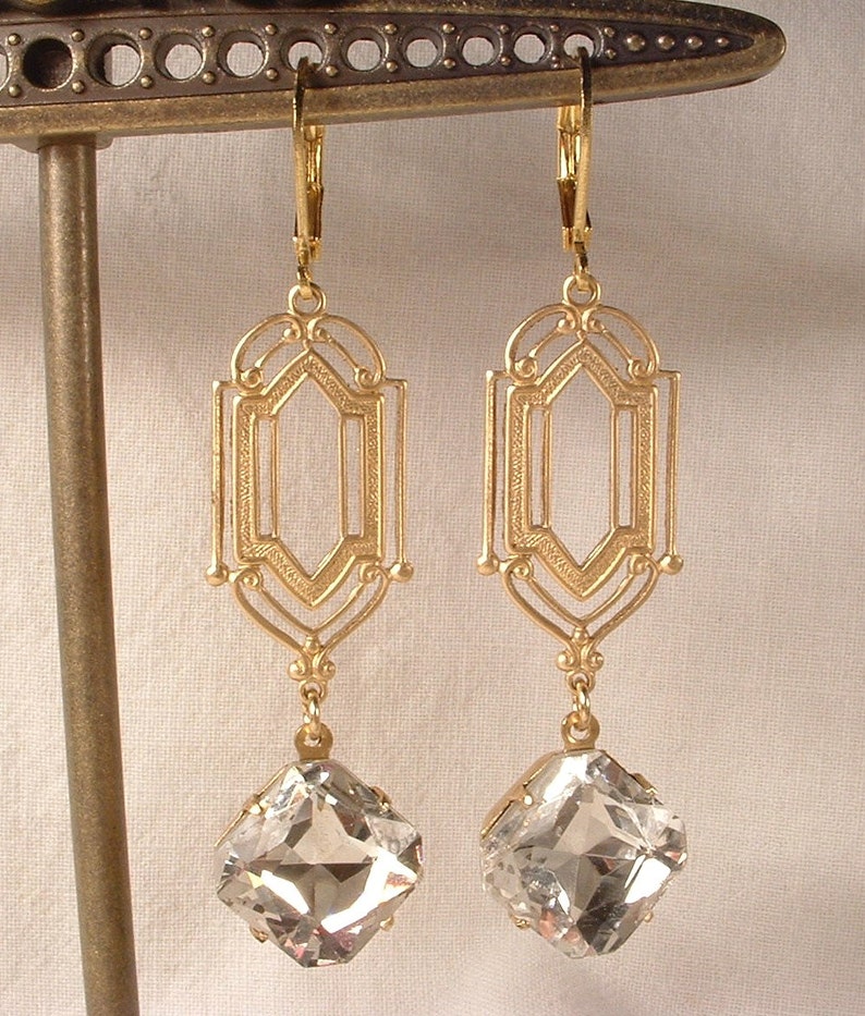 Art Deco Clear Rhinestone Gold Dangle Earrings,Long 1920s Style Bridal, Geometric Flapper Edwardian Gatsby Vintage Wedding Bridesmaid Gift image 5