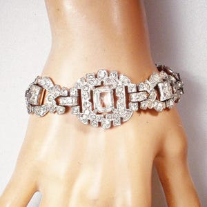 Vintage Art Deco Crystal Bracelet, WIDE Rhinestone, 1920s Bridal/Wedding Jewelry Silver Link Statement Clear Great Gatsby Flapper Glam Gift