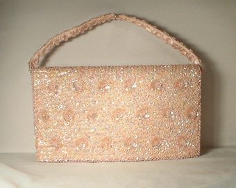 EXC Vintage WALBRG Pochette rosa cipria con perline, Borsa da sera da sposa floreale con paillettes e rose Borsa da polso da giardino per matrimonio Richere Romantico