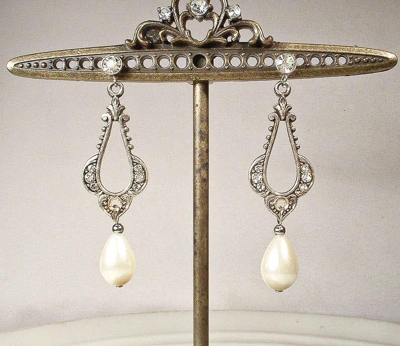Vintage Art Deco/Nouveau Pearl Bridal Earrings, 1920s Flapper Pave Rhinestone Antique Silver Dangle Ivory Drops, Gatsby Wedding Jewelry image 8