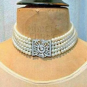 Vintage KJL Art Deco Rhinestone Ivory Pearl Bridal Choker Necklace,Multi 5 Five Strand Glass Pearl Glam Statement KENNETH Jay LANE PRiSTiNe