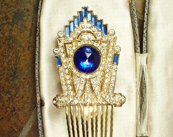 Antique Sapphire Art Deco Hair Comb, Vintage Bridal Gold Rhinestone Dress Clip Headpiece,1920s Wedding Gatsby Something Blue Old 1930s Slide