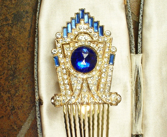 Antique Sapphire Art Deco Hair Comb, Vintage Brid… - image 1