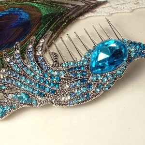 Turquoise Blue Rhinestone Peacock Bridal Hair Comb,Teal Aqua Bird Silver Brooch Large Headpiece Art Deco Jeweled Hairpiece Wedding Accessory image 5