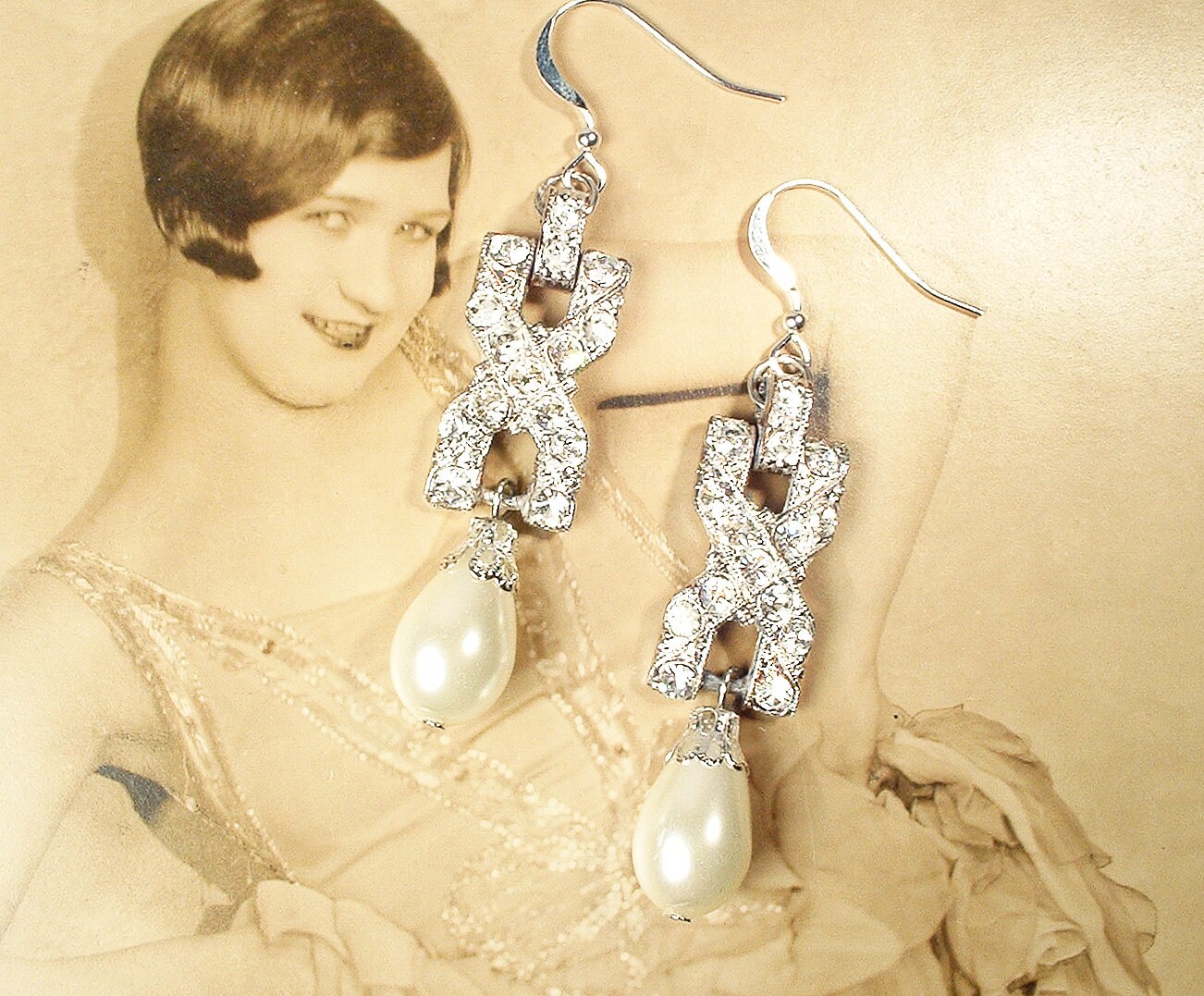 Vintage Art Deco Ivory Pearl Bridal Dangle Earrings 1920s Flapper Edwardian Paste Rhinestone Antique Silver Long Drops Gatsby Wedding Gift Etsy