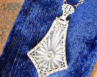 Vintage Art Deco Camphor Glass Necklace, Silver Rhodium Filigree Rhinestone Pendant 1920s Wedding/Bridal Edwardian Something Old Shower Gift